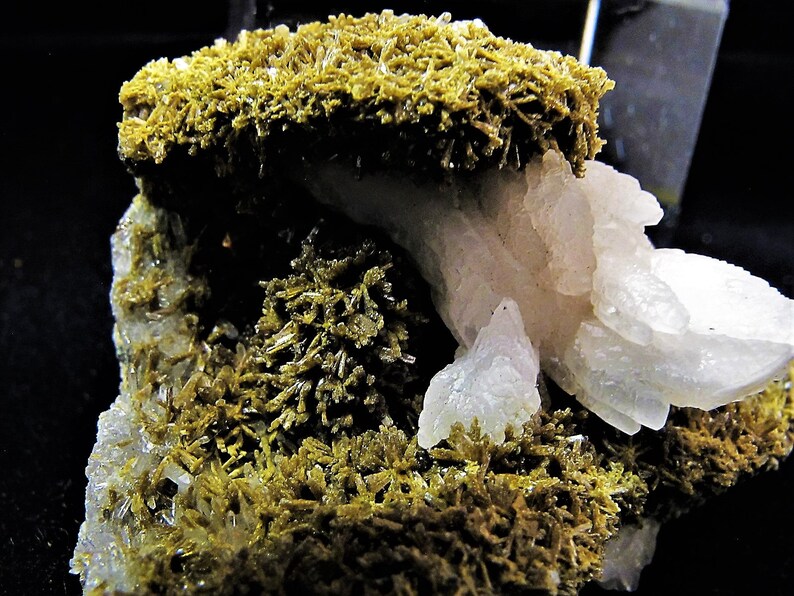 May include: A cluster of white, translucent crystals with a layer of green, fibrous crystals on top. The crystals are arranged in a natural, organic pattern.