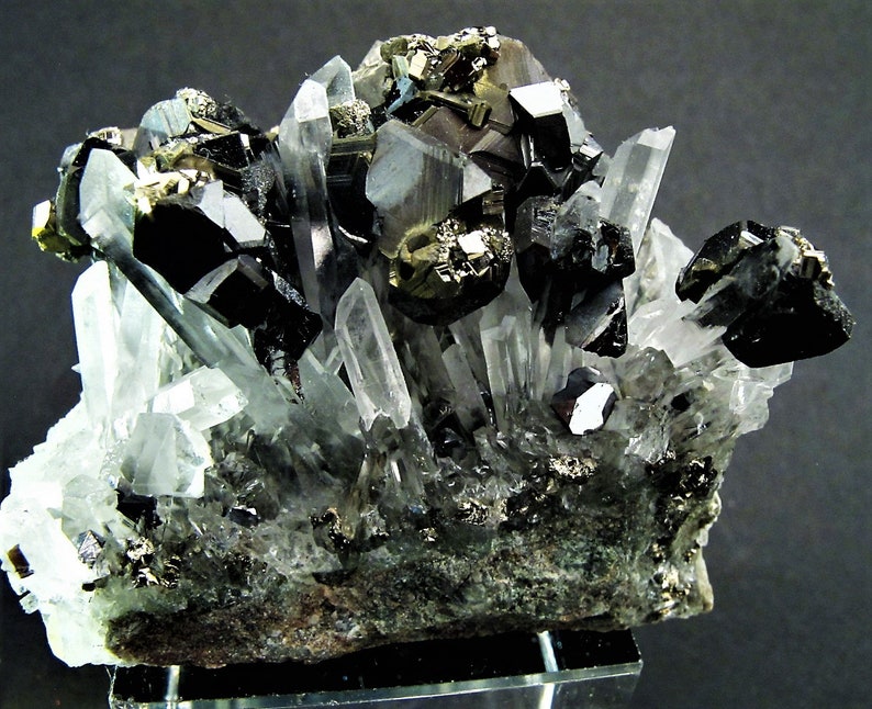 May include: A cluster of clear quartz crystals with black and metallic pyrite crystals. The crystals are arranged in a natural formation on a gray rock base.