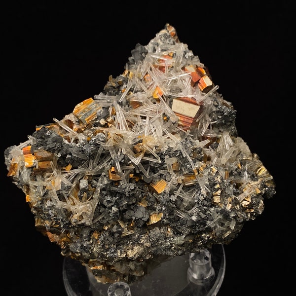 A very aesthetic specimen of rainbow pyrite, sphalerite, galena, and quartz-rock crystal