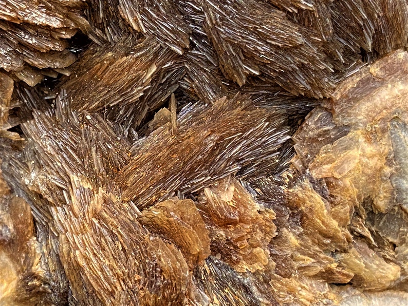 May include: Close-up of a brown, crystalline mineral with a layered, striated texture. The mineral has a shiny, reflective surface.