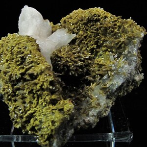 May include: A cluster of green, needle-like crystals with a few white, translucent crystals on top. The crystals are on a dark background.