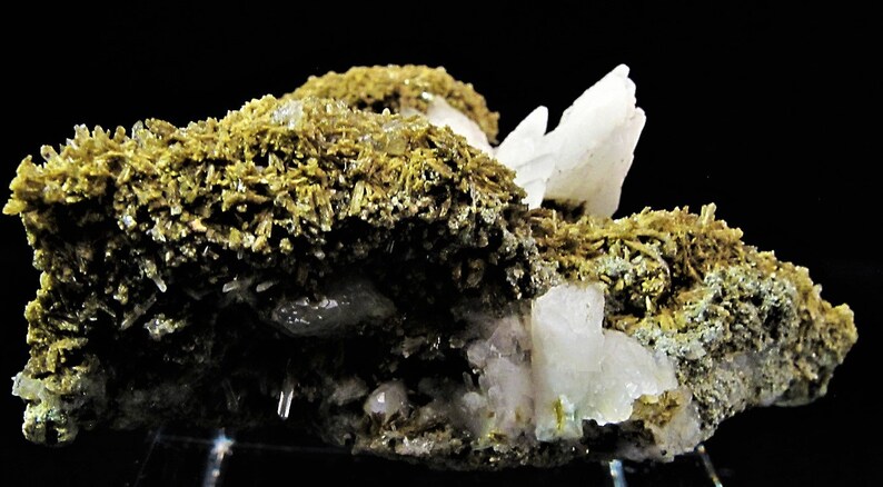 May include: A cluster of white, translucent crystals with a rough, brown, fibrous matrix. The crystals are sharp and well-defined, with a slight pink hue.