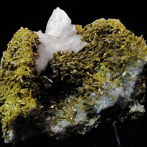 May include: A cluster of white quartz crystals with a green, mossy base. The quartz crystals are translucent and have a glassy lustre. The mossy base is made up of small, green crystals.