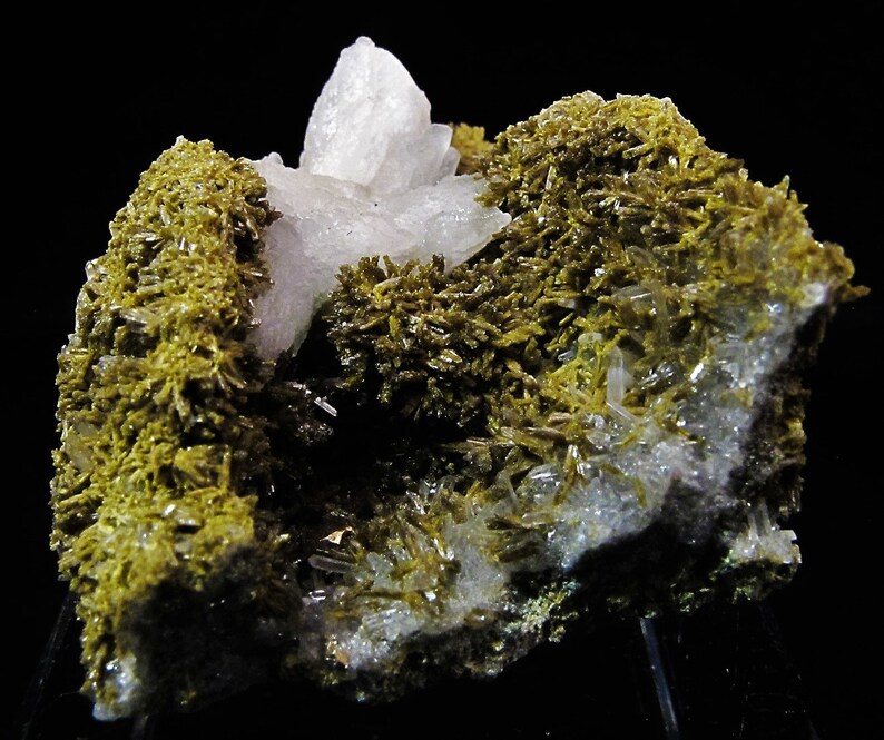 May include: A cluster of white quartz crystals with a green, mossy base. The quartz crystals are translucent and have a glassy lustre. The mossy base is made up of small, green crystals.