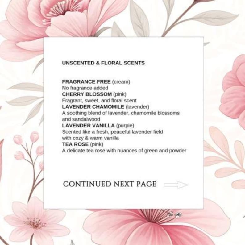 Puede incluir: Una tarjeta informativa rectangular blanca que presenta una lista de aromas sin perfume y florales, incluyendo Fragrance Free, Cherry Blossom, Lavender Chamomile, Lavender Vanilla y Tea Rose, sobre un fondo de ilustraciones florales rosa suave.