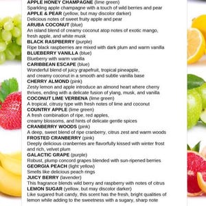 Puede incluir: Una hoja informativa blanca titulada FRUITY SCENTS que enumera varios nombres de fragancias y descripciones, incluyendo Apple Honey Champagne, Apple & Pear, Aruba Coconut, Black Raspberry, Blueberry Vanilla, Caribbean Escape y otros.