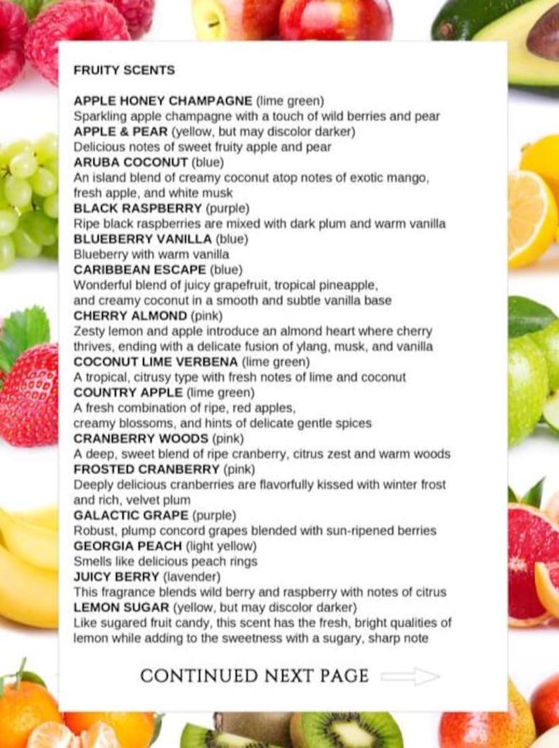 Puede incluir: Una hoja informativa blanca titulada FRUITY SCENTS que enumera varios nombres de fragancias y descripciones, incluyendo Apple Honey Champagne, Apple & Pear, Aruba Coconut, Black Raspberry, Blueberry Vanilla, Caribbean Escape y otros.