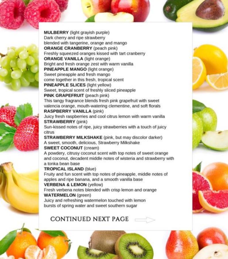 Puede incluir: Una hoja informativa blanca que enumera varios nombres y descripciones de fragancias frutales, incluyendo Mulberry, Orange Cranberry, Orange Vanilla, Pineapple Mango, Pineapple Slices, Pink Grapefruit, Raspberry Vanilla, Strawberry, Strawberry Milkshake, Sweet Coconut, Tropical Island, Verbena & Lemon y Watermelon, rodeada por un borde de frutas frescas como frambuesas, uvas, fresas, pl&aacute;tanos, naranjas, manzanas, aguacates y kiwis.
