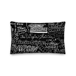 May include: Black and white throw pillow with a repeating pattern of the words "The Virgin Suicides" in various handwritten styles.