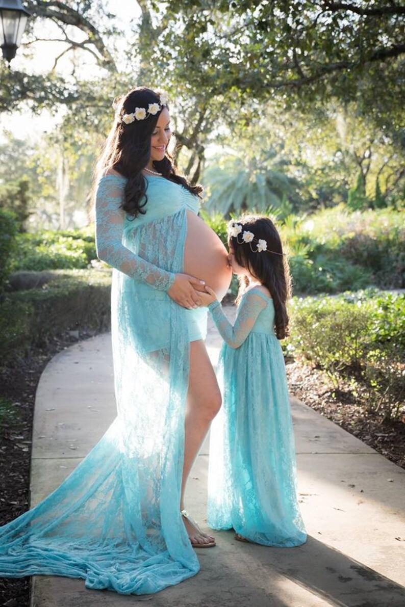 Mommy and Daughter Baby Blue Lace Dress Set|Sheer Maternity Dress for Photo Shoot|Matching Girl Dress|Off Shoulder|Formal Girl Dress
