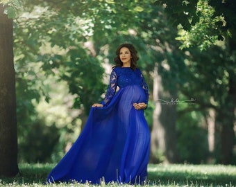 Royal blue lace chiffon sheer maternity dress for photo shoot/maternity gown for baby shower