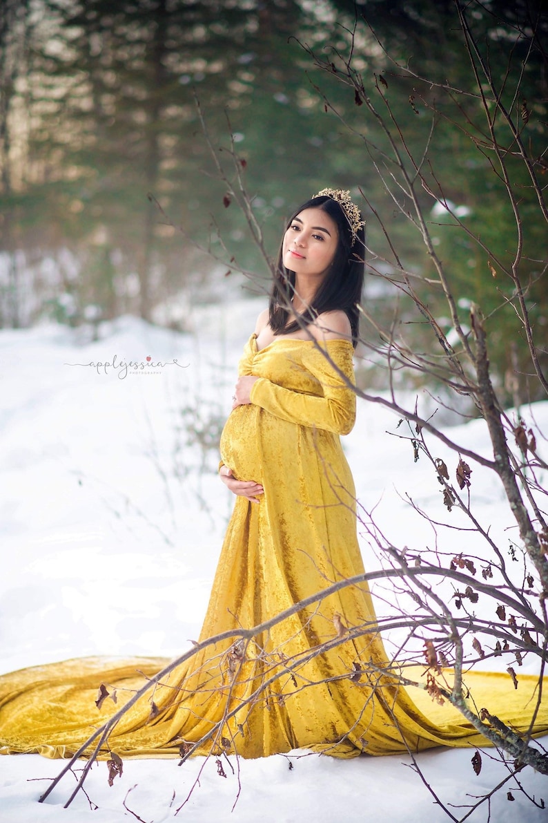 Maternity Dress for Photo Shoot|Gold Velvet Maternity Dress|Mimi Bohemian Maternity Gown|off Shoulder long sleeves|Baby Shower Dress