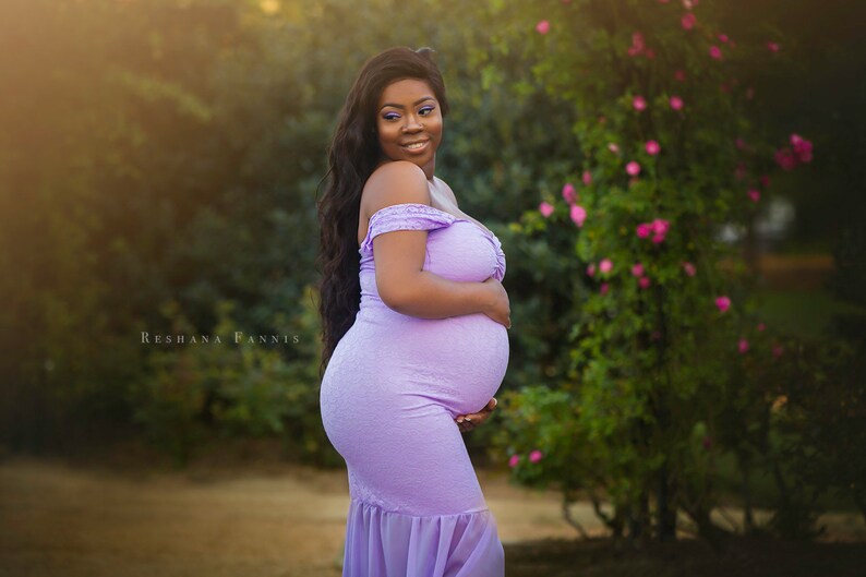 Lilac Mermaid Lace Maternity Gown|Lace Maternity Dress|Chiffon Dress|Baby Shower Dress|Dress for Photo|Fitted Dress|Drop Sleeves|Sweethear