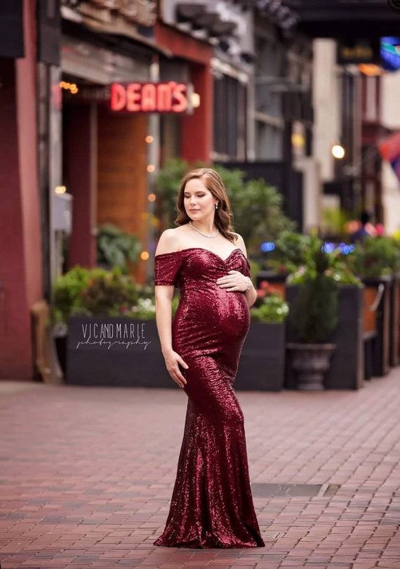 Designbycmaternity Burgundy Sequins Maternity Dress for Photo Shoot|Mira Sequins Maternity Mermaid Dress |Baby Shower Dress |Maternity Wedding