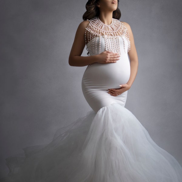 White tulle maternity dress for photo shoot,tulle wedding dress, tulle baby shower dress, engagement dress