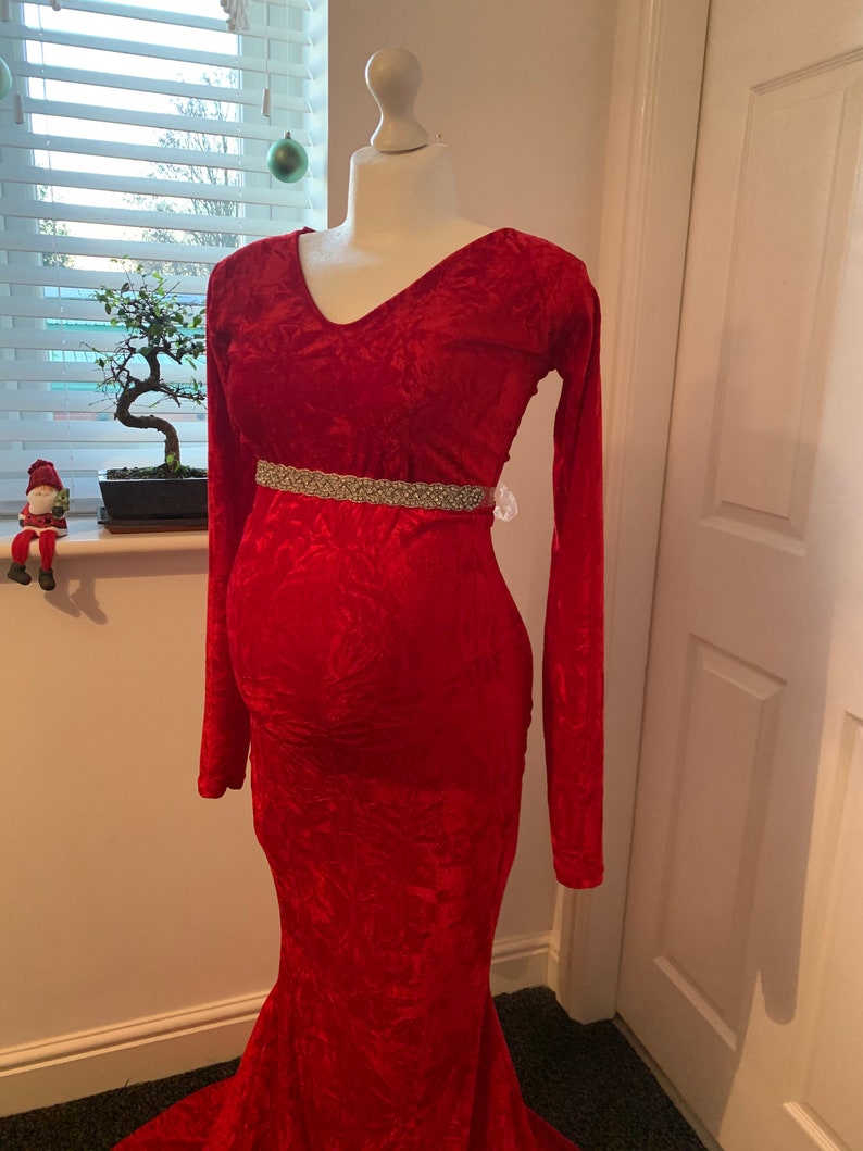 Red Modest Slimfit Velvet Maternity Dress for Photo Etsy