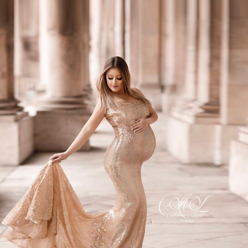 EVER-PRETTY Sequin V-Neck Empire Waist Floor-Length Maternity Dress in Grey  Size 6