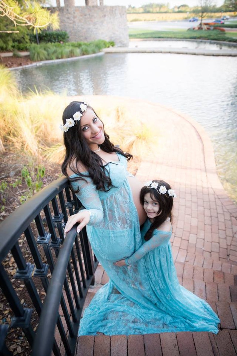 Mommy and Daughter Baby Blue Lace Dress Set|Sheer Maternity Dress for Photo Shoot|Matching Girl Dress|Off Shoulder|Formal Girl Dress