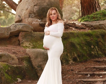 Maternity Dress for Photo Shoot|Long Sleeves Off Shoulder Jersey Maternity Gown with Train | Maternity Dress | Baby Shower Dress | Slim Fit