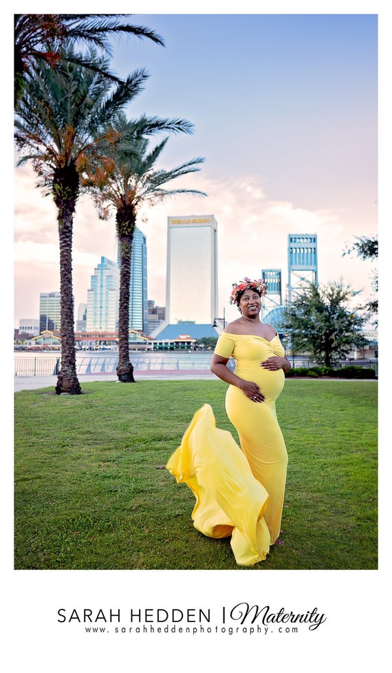 off the shoulder yellow maternity dress