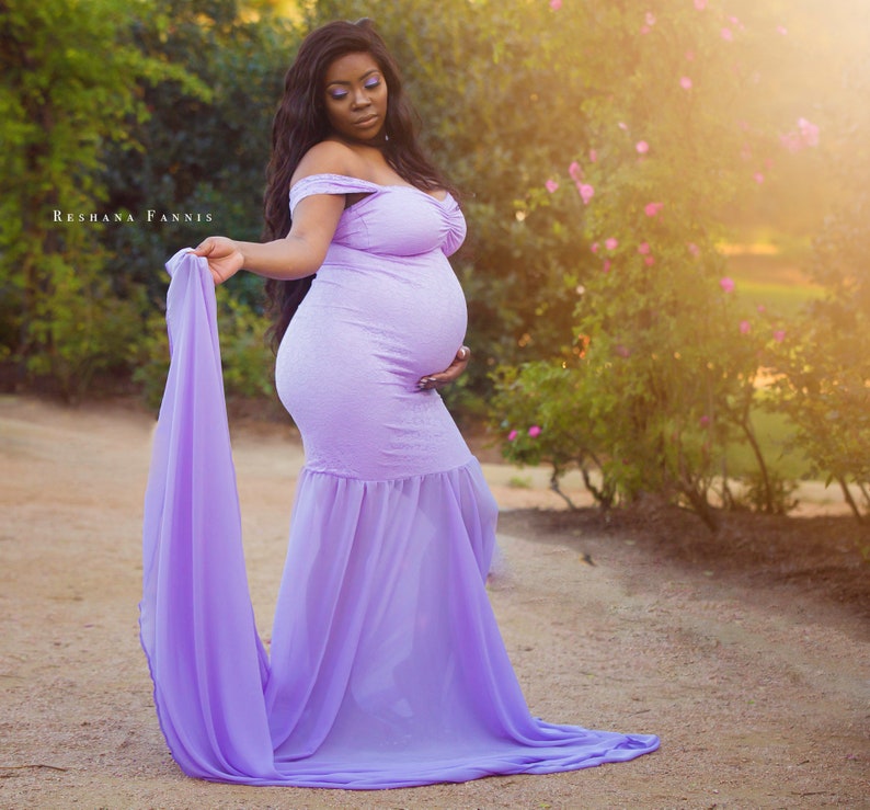 Lilac Mermaid Lace Maternity Gown|Lace Maternity Dress|Chiffon Dress|Baby Shower Dress|Dress for Photo|Fitted Dress|Drop Sleeves|Sweethear