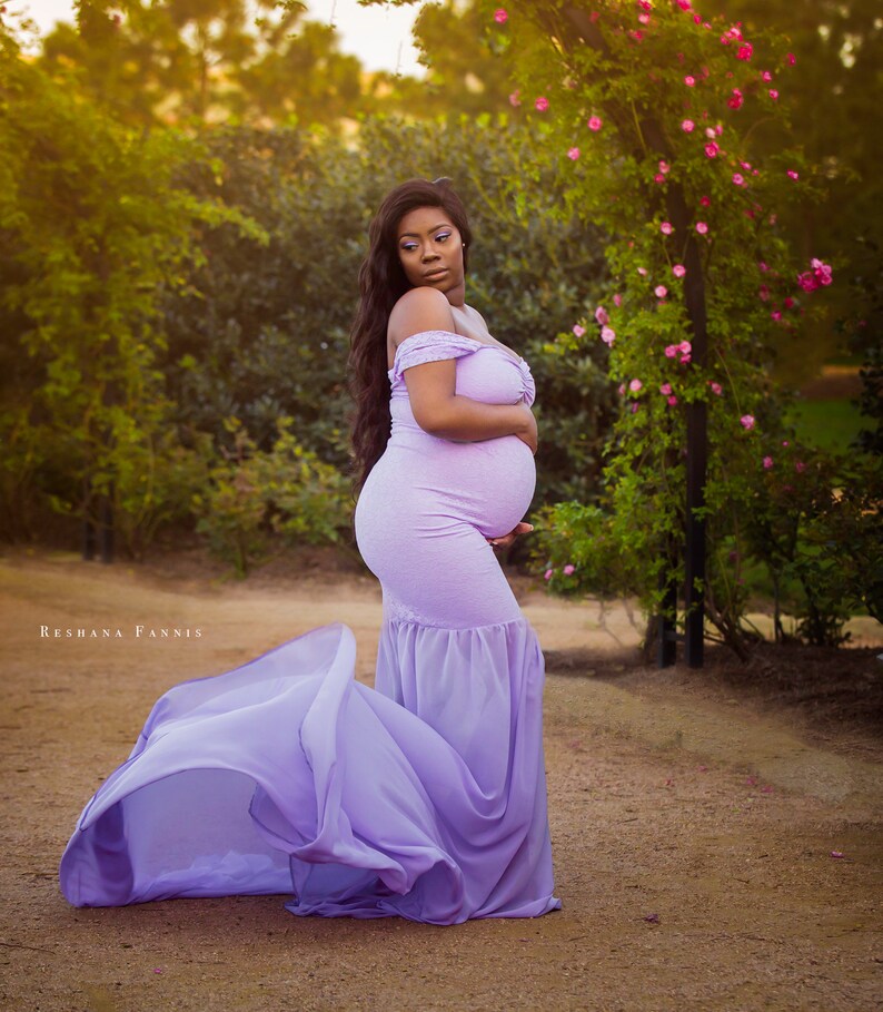 Lilac Mermaid Lace Maternity Gown|Lace Maternity Dress|Chiffon Dress|Baby Shower Dress|Dress for Photo|Fitted Dress|Drop Sleeves|Sweethear