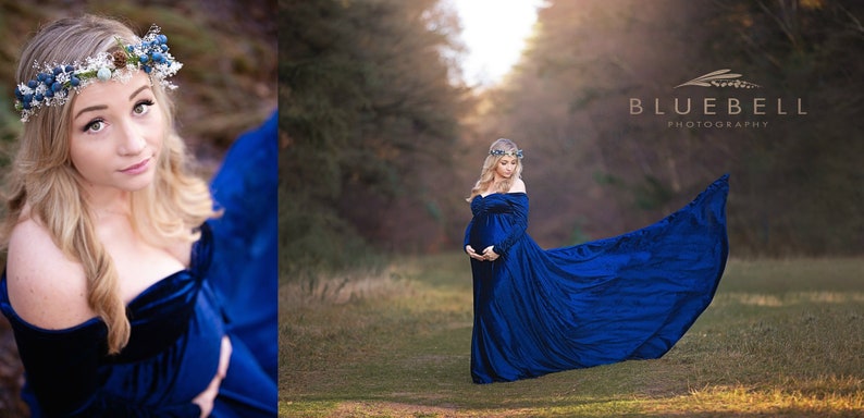 Royal Blue Velvet Maternity Dress|Mimi Bohemian Maternity Gown|off Shoulder long sleeves|Baby Shower Dress|Maternity Dress for Photo Shoo