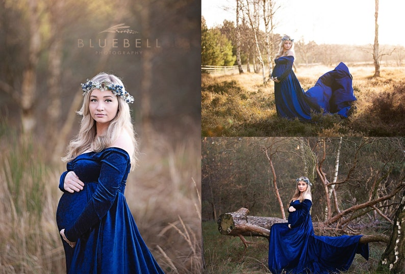 Royal Blue Velvet Maternity Dress|Mimi Bohemian Maternity Gown|off Shoulder long sleeves|Baby Shower Dress|Maternity Dress for Photo Shoo