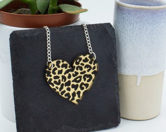 Love Heart Animal Print Gold Acrylic Pendent Necklace
