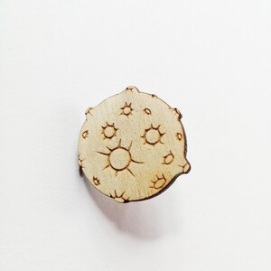 Abstract Moon, Engraved wood pin badge