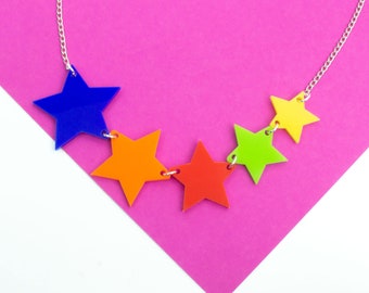 Multicoloured Stars Rainbow Acrylic Pendant Necklace