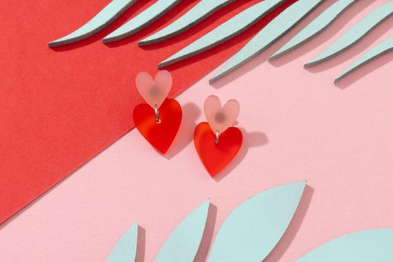 Two Tone Hearts Frosted Acrylic Earrings