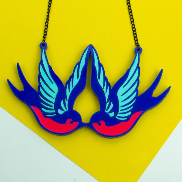 Swallow bird, vintage, Acrylic Pendant Necklace