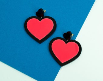Heart statement earrings, Pink and Black