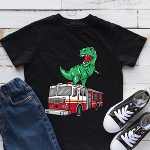 Dinosaur on Top of a Fire Truck Kids Shirt, Firefighter Lover Gift, Dino Lover Shirt, Longsleeve, Youth, Infant, Hoodie