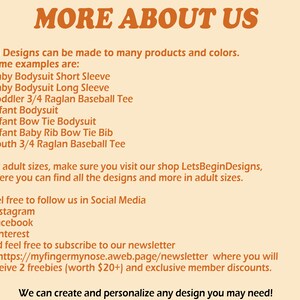 May include: Text on a beige background with the words "MORE ABOUT US" in orange. The text describes the different products and colors available, as well as the option to subscribe to a newsletter for freebies and discounts.