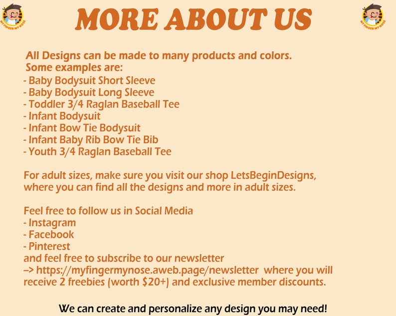 May include: Text on a beige background with the words "MORE ABOUT US" in orange. The text describes the different products and colors available, as well as the option to subscribe to a newsletter for freebies and discounts.