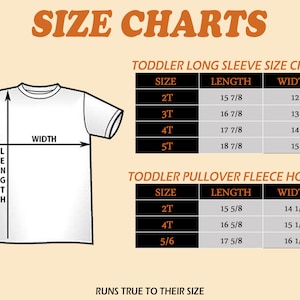 May include: Size chart for toddler long sleeve shirts and toddler pullover fleece hoodies. The chart shows sizes 2T, 3T, 4T, 5T, and 5/6 with corresponding length and width measurements in inches.