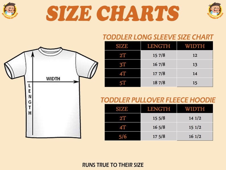 May include: Size chart for toddler long sleeve shirts and toddler pullover fleece hoodies. The chart shows sizes 2T, 3T, 4T, 5T, and 5/6 with corresponding length and width measurements in inches.