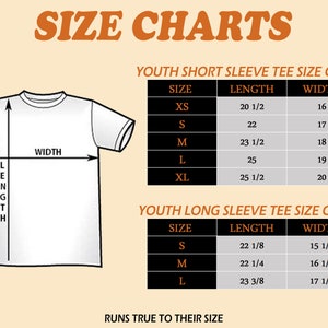 May include: Size chart for youth short and long sleeve t-shirts. The chart shows the size, length, and width in inches for each size. The sizes are XS, S, M, L, and XL.