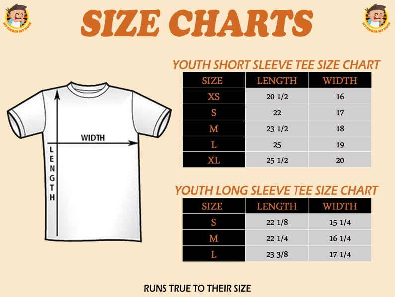 May include: Size chart for youth short and long sleeve t-shirts. The chart shows the size, length, and width in inches for each size. The sizes are XS, S, M, L, and XL.