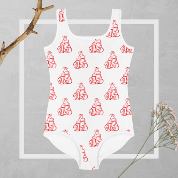 Boxing Gloves Red Outline Pattern Swimsuit, Toddler, Kids Swimwear Pattern, Swimsuit for Girls, Youth Swim Suit Gifts, Boxing Lover Gift