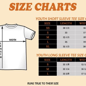 May include: Size chart for youth short and long sleeve t-shirts. The chart shows the size, length, and width in inches for each size. The sizes are XS, S, M, L, and XL.