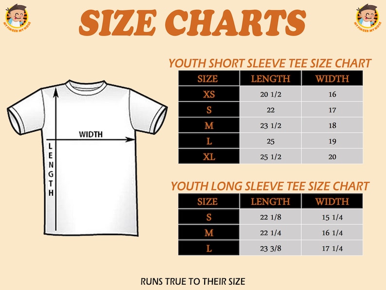 May include: Size chart for youth short and long sleeve t-shirts. The chart shows the size, length, and width in inches for each size. The sizes are XS, S, M, L, and XL.