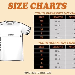 May include: Size chart for youth sweatshirts and hoodies. The chart shows the length and width measurements in inches for sizes XS, S, M, L, and XL.