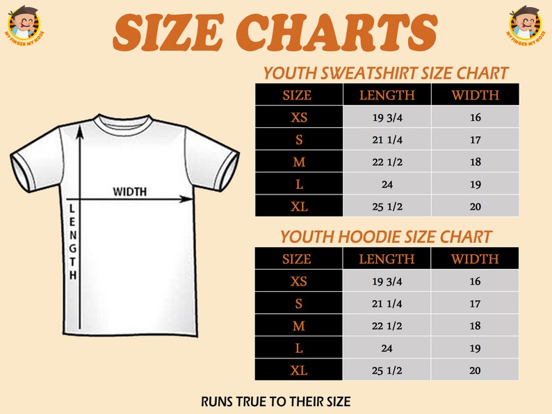May include: Size chart for youth sweatshirts and hoodies. The chart shows the length and width measurements in inches for sizes XS, S, M, L, and XL.
