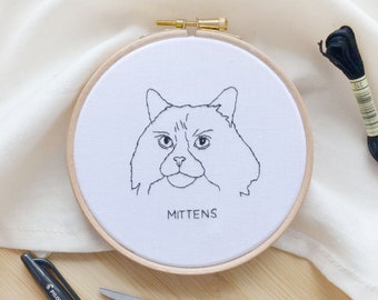 Personalised cat portrait outline embroidery from your photo is the perfect gift for cat owners like a cat mum or cat dad