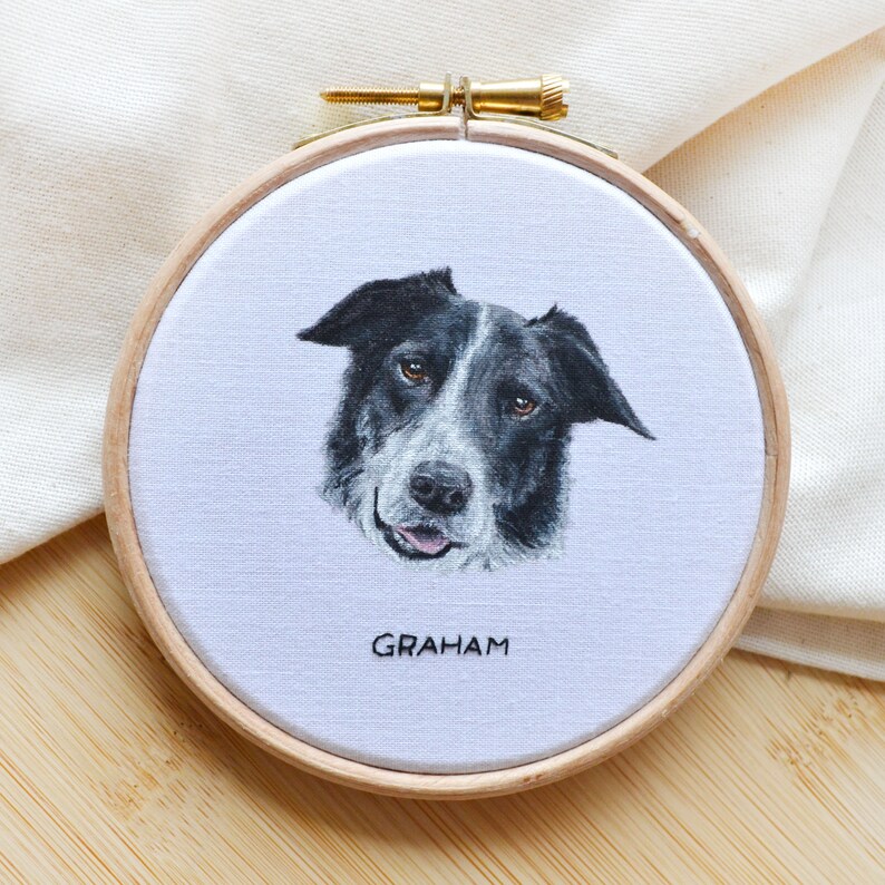Personalised painted pet portrait embroidery hoop art, loss of dog memorial gift for a dog lover image 2