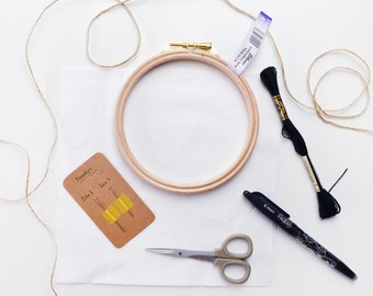 Embroidery starter pack is an essentials toolkit with all the supplies needed to create a 5" embroidery hoop project