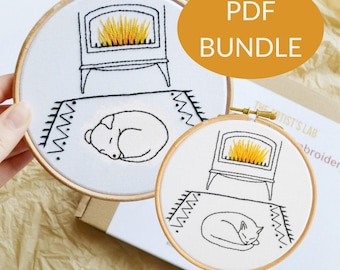 DIGITAL BUNDLE Dog & Cat version of the Log Burner, beginner friendly PDF pattern, modern gift for pet owner, cosy embroidery for beginners